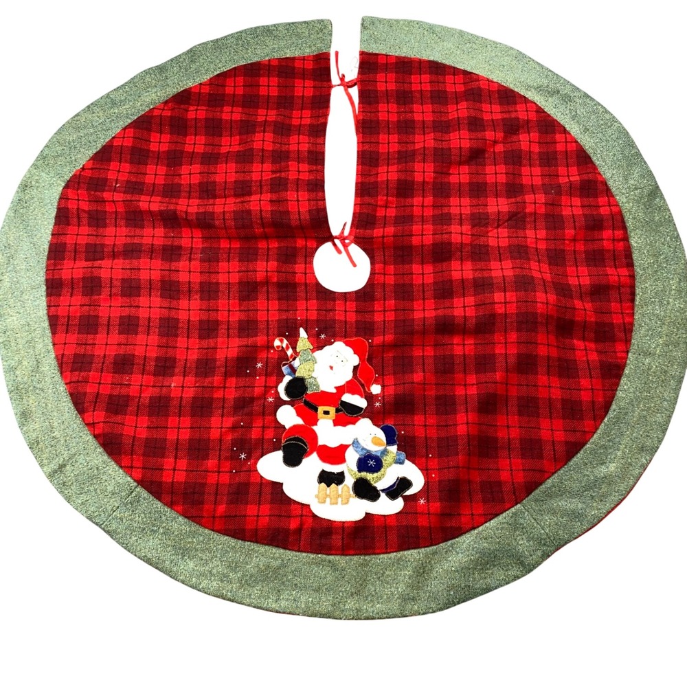 Vintage Dan Dee Christmas Tree Skirt 48 Red Plaid Santa Snowman Appliqués